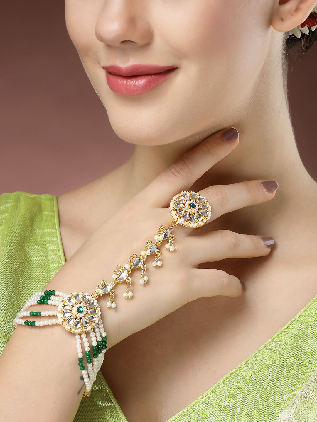 NVR Women's Green Gold-Polished Stone Studded Handcrafted Ring Bracelet | Grab2Buy
