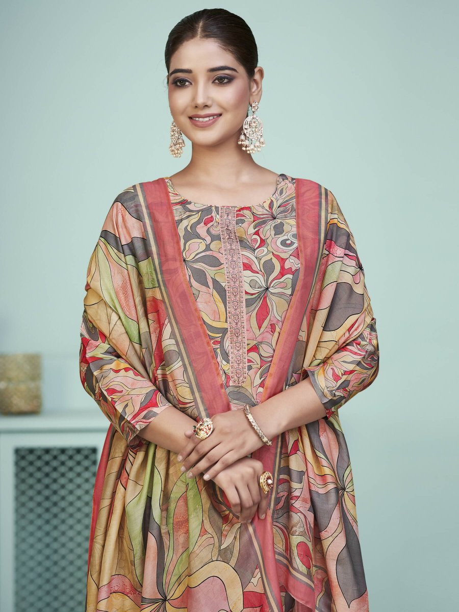 Aastha Fashion Women's Multicolor Muslin Digital Print with Resham Thread work Kurta with Trouser & Dupatta - Grab2buy