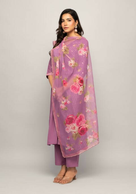 FIORRA Women's Lavender Creap A-Line Kurta Pant With Dupatta 