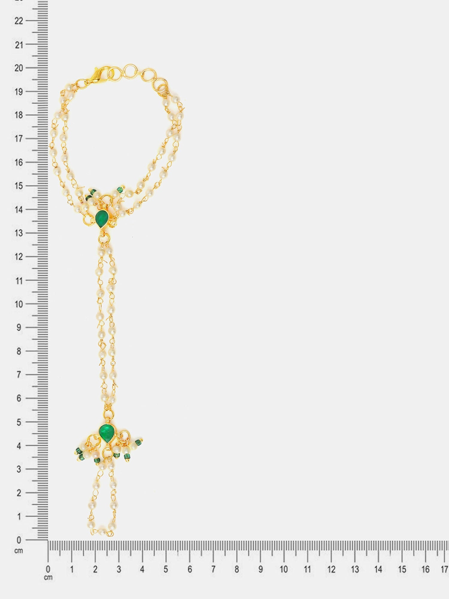 Ruby Raang Gold Hand Accessory With Green- White Kundan And Pearls