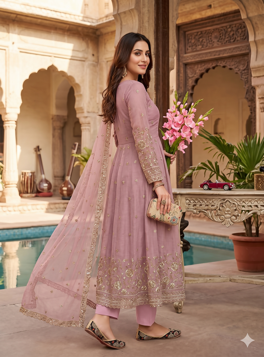 Teeya Creation Elegant Pink Embroidered Anarkali Kurta Set With Mirror Work Dupatta