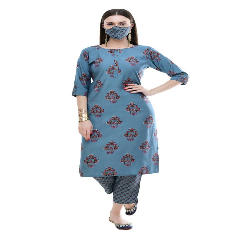 Lagi Women's Turquoise Blue Printed Straight Kurta & Pant (MC39A) 
