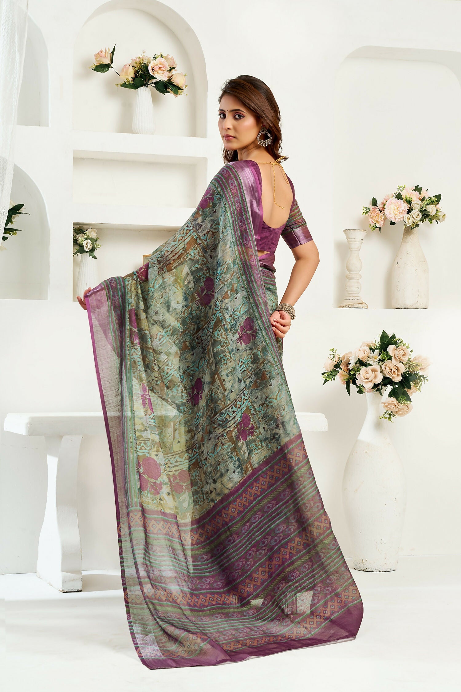 Joban Fashion Multicoloured Ikkat & Floral Linen Ready To Wear Saree With Unstitched Blouse