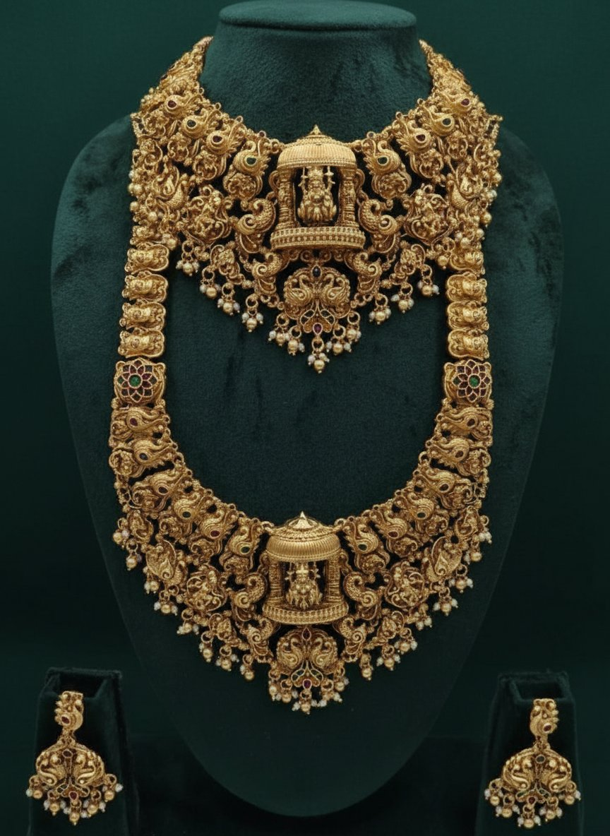 Jewel City Grand South Indian Temple Bridal Necklace Set for Women – Antique Gold-Plated Lakshmi Haram with Choker & Jhumka