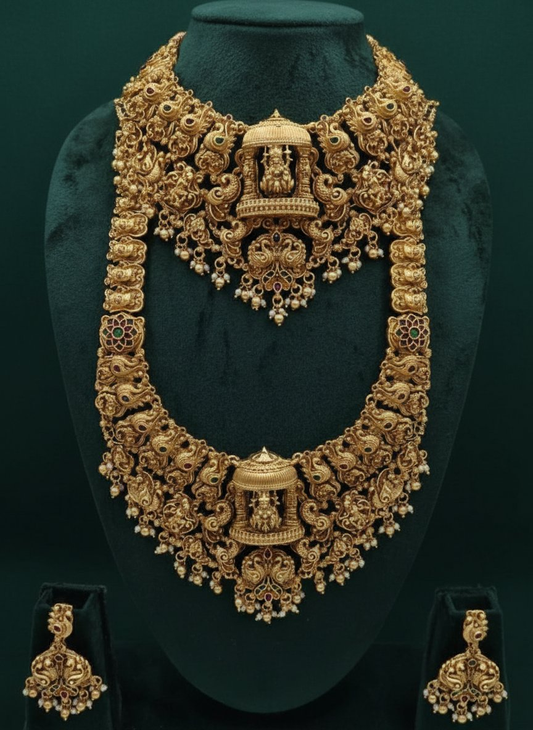 Jewel City Grand South Indian Temple Bridal Necklace Set for Women – Antique Gold-Plated Lakshmi Haram with Choker & Jhumka