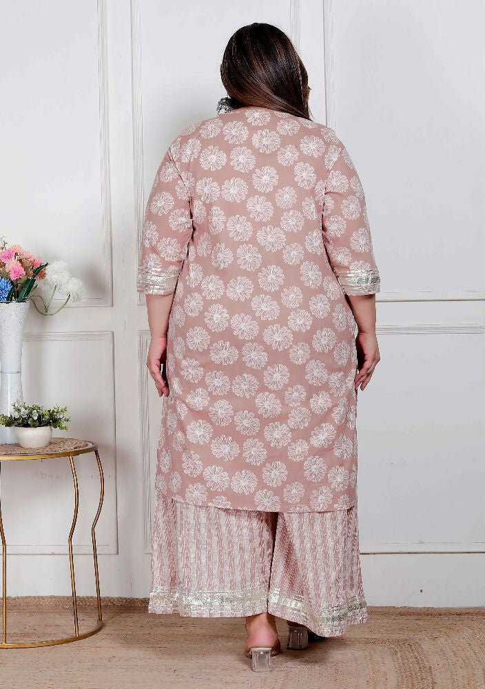 Miravan Plus Size Women Brown Floral Printed Cotton Straight Ethnic Kurta With Palazzo And Dupatta