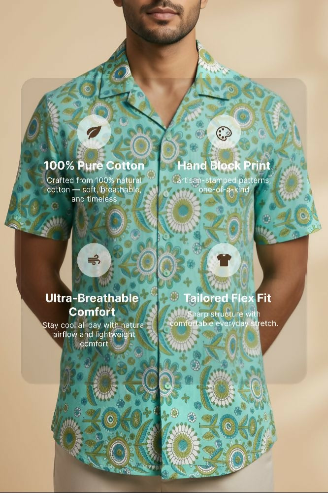 Medallion — Teal Ajrakh Cotton Shirt by Hilo Design