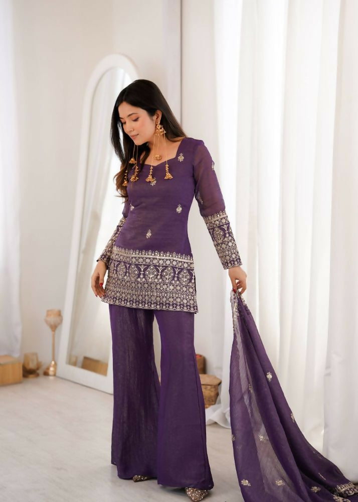 Teeya Creation Wine Purple Silk Sharara Suit With Embroidered Dupatta Set