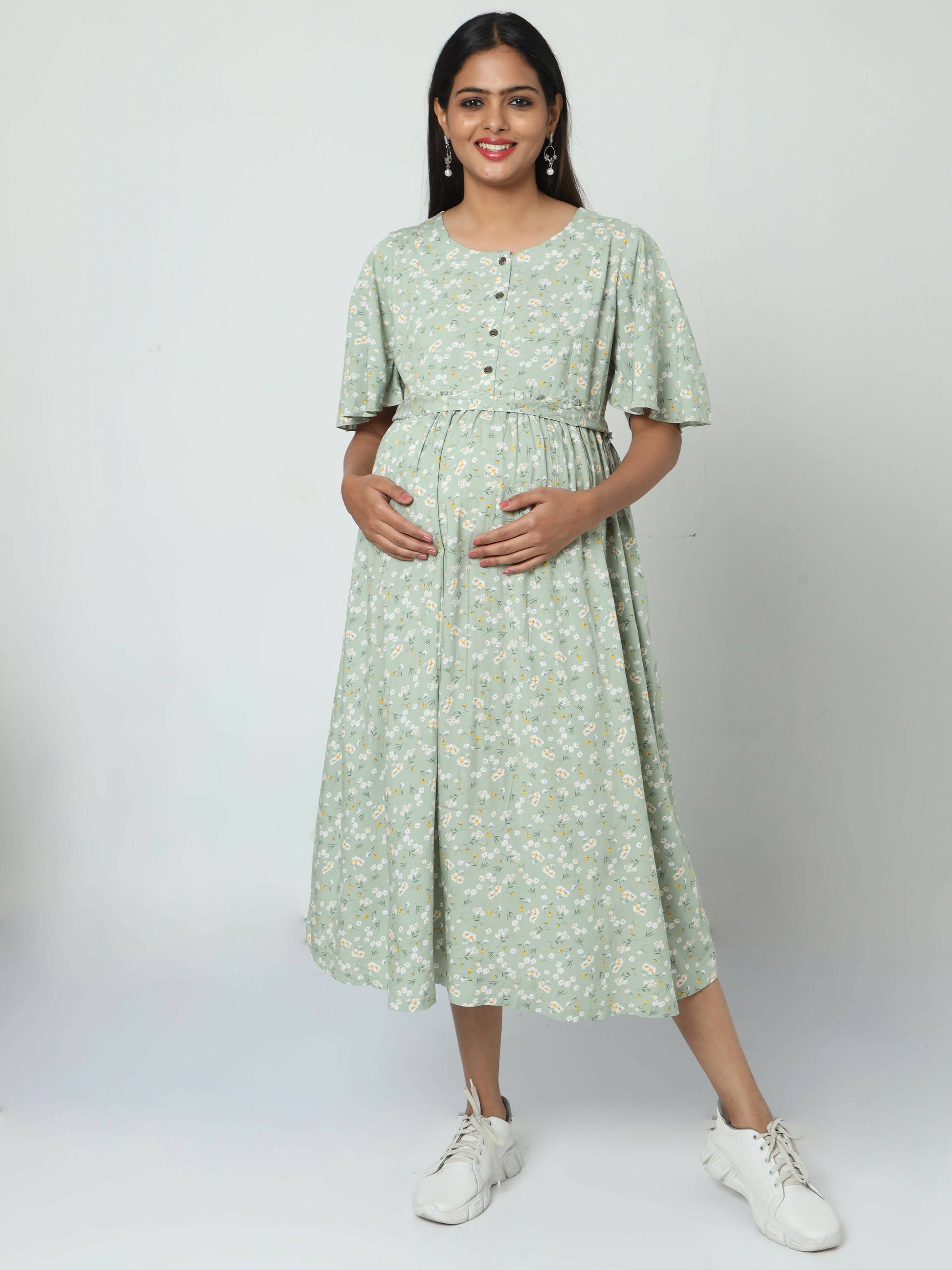 Manet Frill Slevees Maternity Dress Floral Print With Concealed Zipper Nursing Access - Green