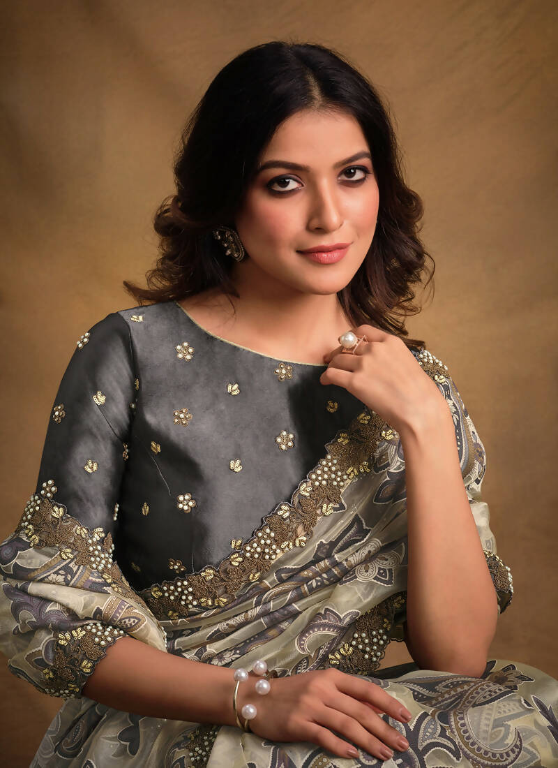 Grey Burning Tissue Designer Saree with Unstitched Blouse - Norita Mahitha