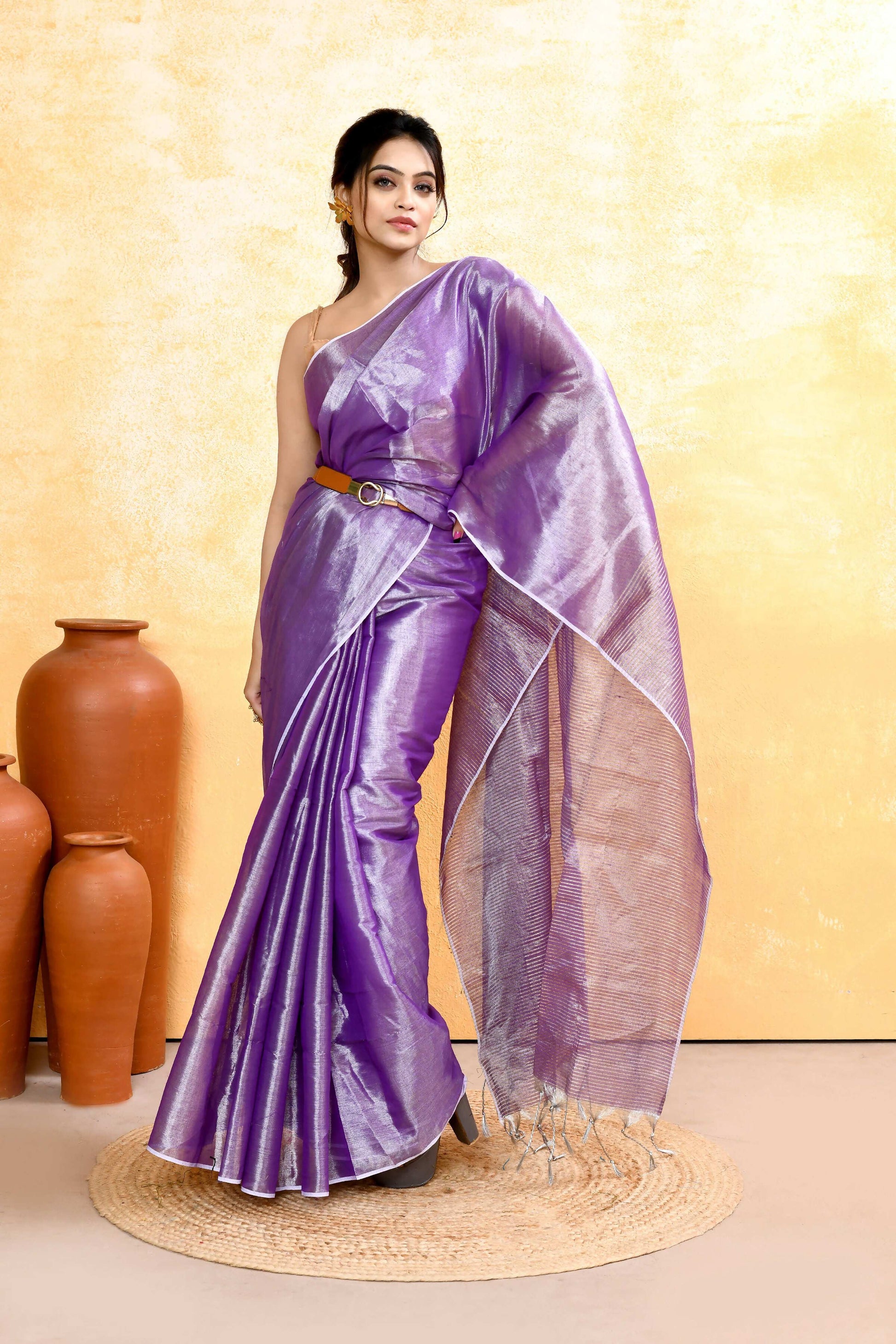 Piyari Fashion Women's Lavender Dual Tone Organic Tissue Saree With Blouse Piece