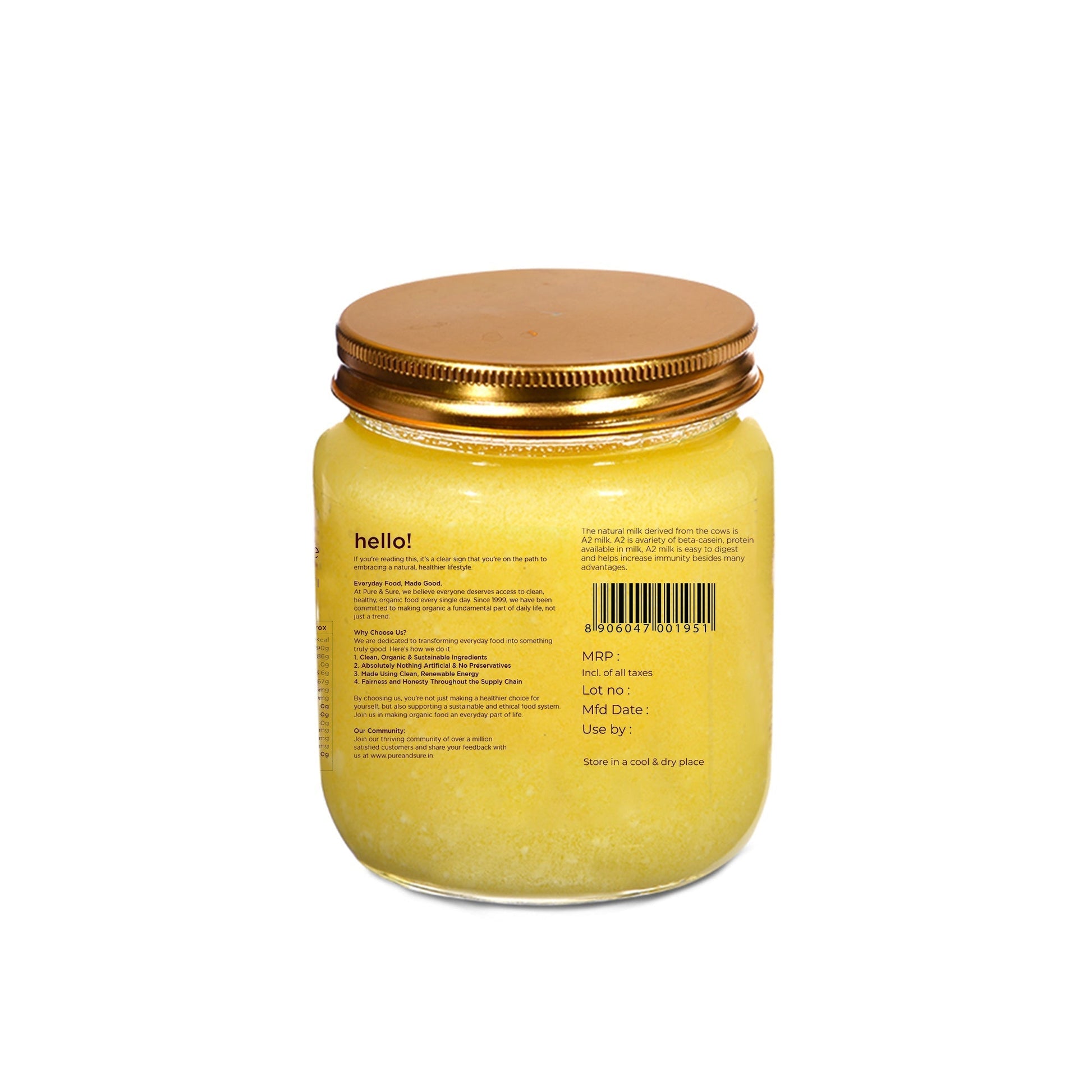 Pure & Sure Organic Desi Ghee | Fresh natutal cow ghee made by Bilona method (Curd Churned) with goodness of health 