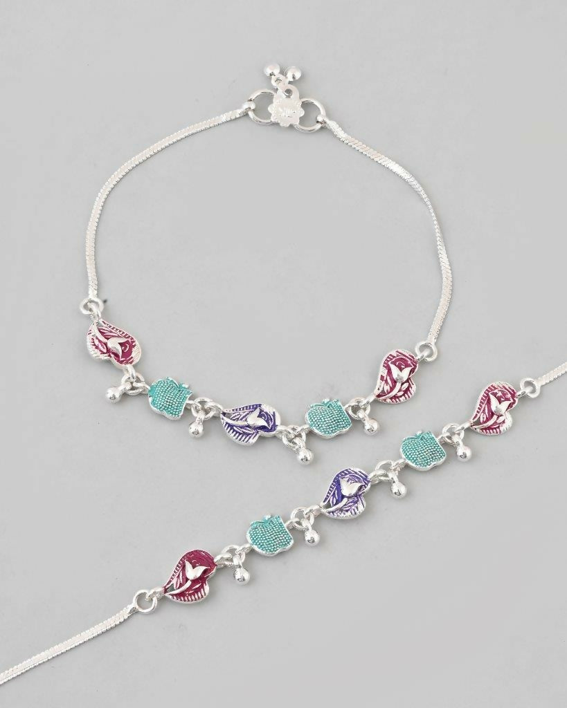 VOJ Set of 2 Silver Plated Designer Multi Color Anklet 