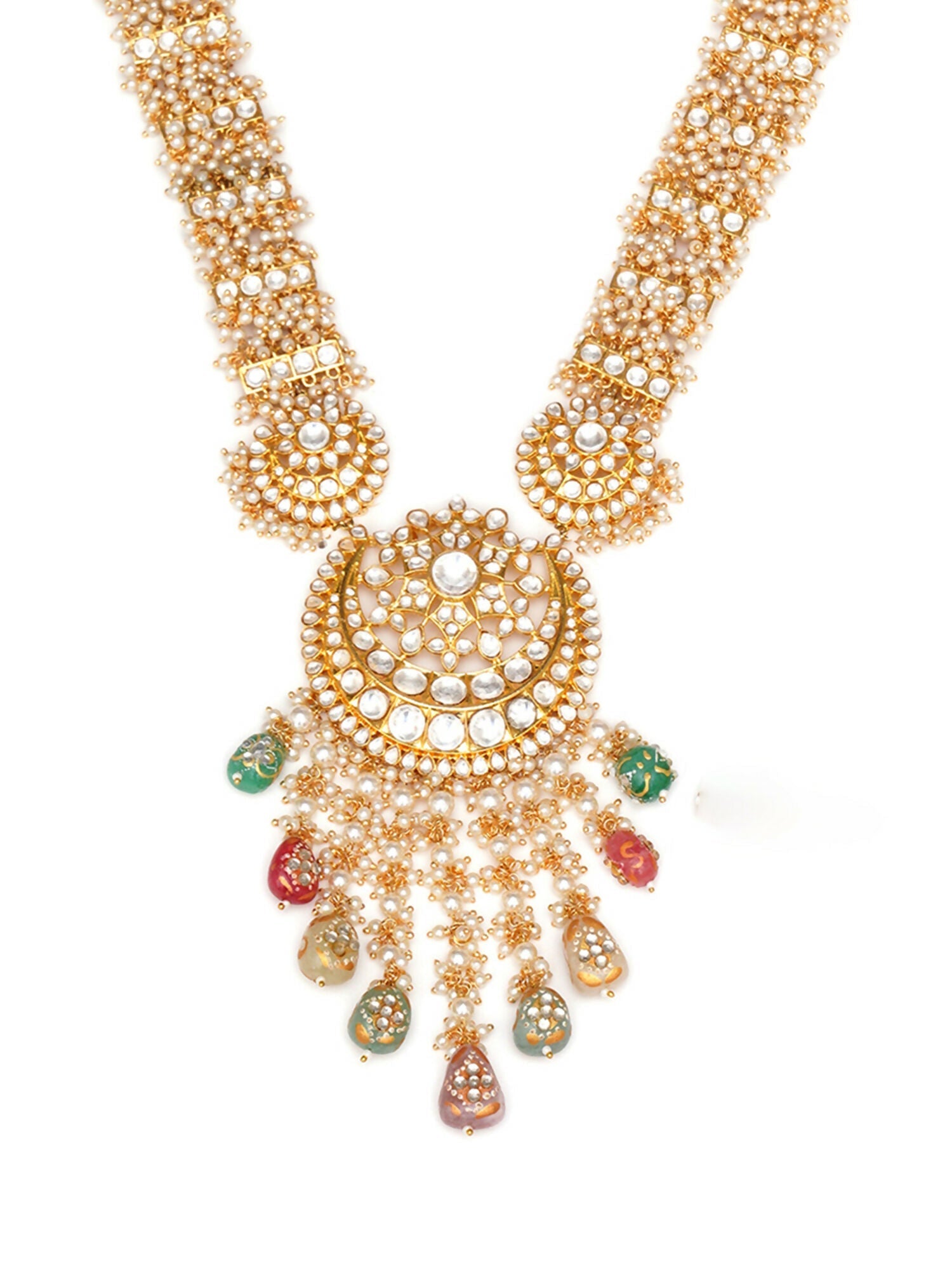 Long Kundan Neckpiece with Earrings & Maang Tikka with Multi Stones Jewellery Set (Gold) - Ruby Raang - Grab2buy