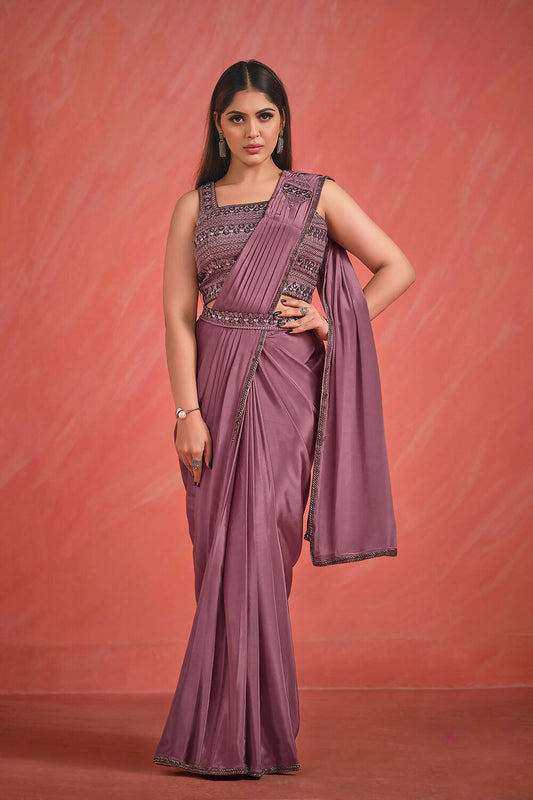 Dusky Wine Crepe Silk Georgette Thread & Sequence with Kardana work Saree With Stitched Blouse - Mohmanthan Elegancia