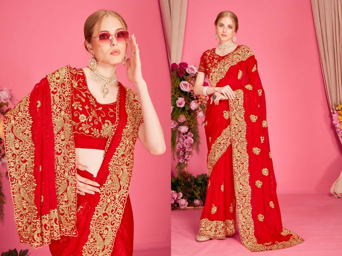 PR Fashion Red Fendi Two Tone Silk Heavy Zari Embroidery Work With Heavy Zircon Work Saree