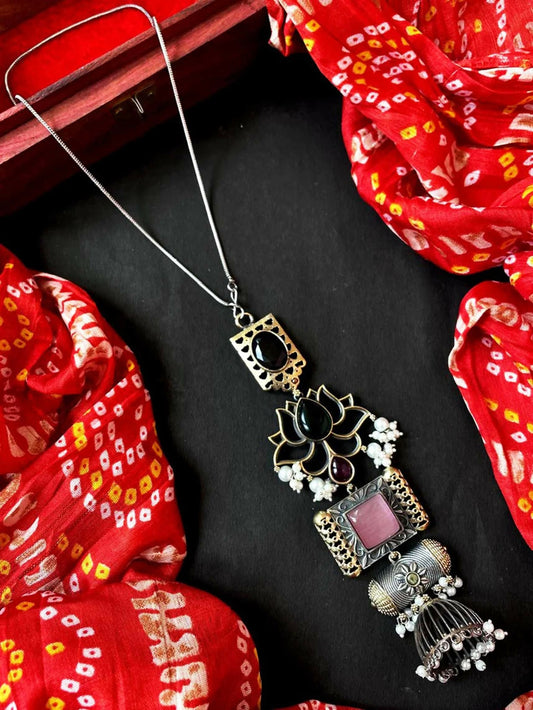 Joban Fashion Peach Brass Monalisa Stone Dual Tone Beaded Pendant Chain Necklace | Grab2Buy