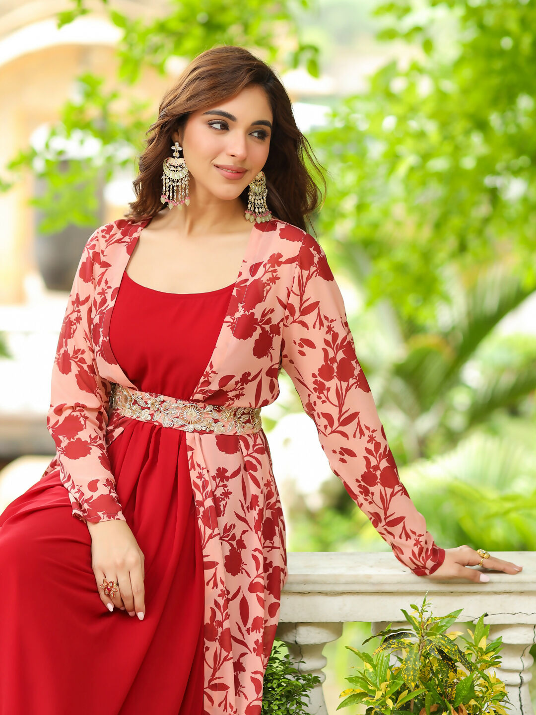 Janasya Maroon Georgette Solid Dress & Jacket 