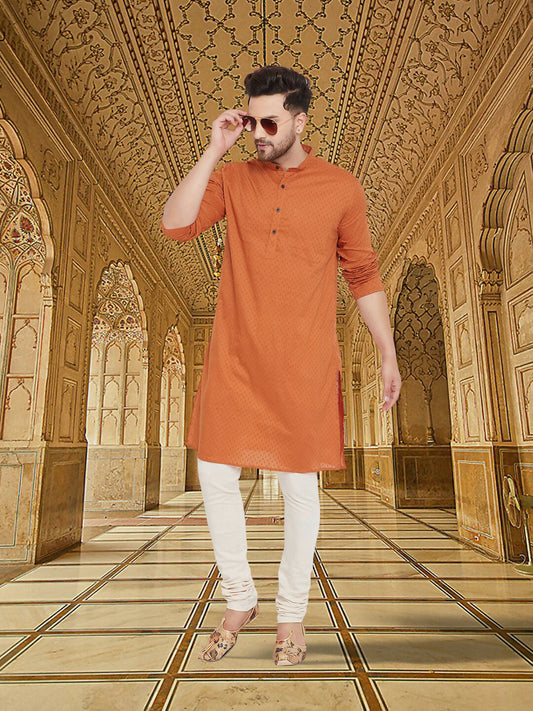 Even Apparels Men's Orange Emboided Cotton Kurta