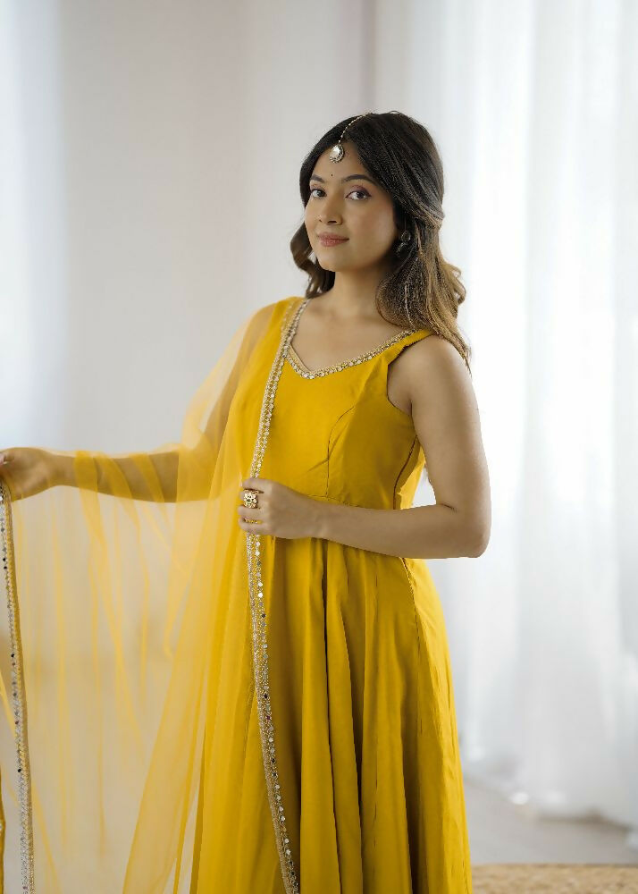 Joban Fashion Yellow Kurta Set Chanderi Sequence Embroidery Work 