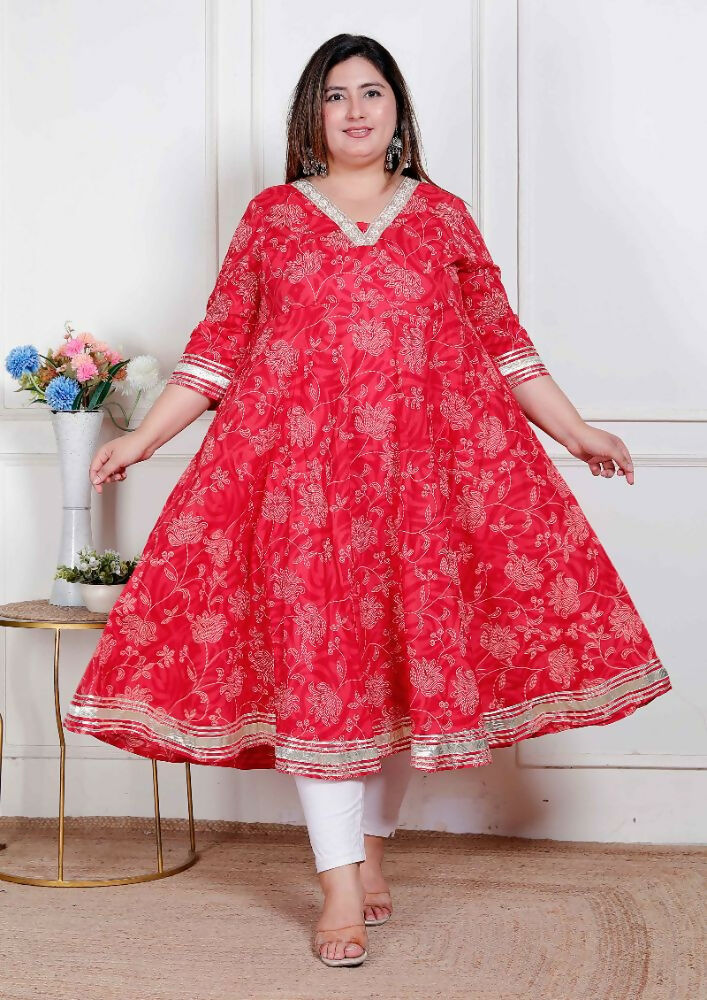 Miravan Plus Size Women'S Red Jaipuri Printed Cotton Ethnic Anarkali Kurta