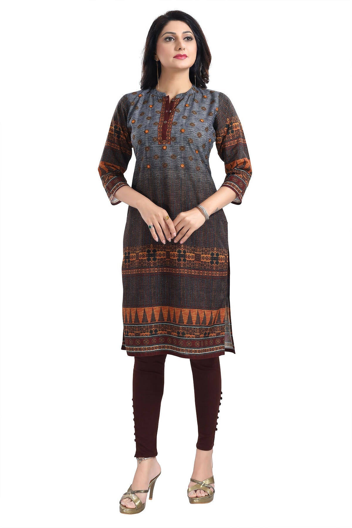 Snehal Creations Beautiful Brown Designer Print Cotton Slub Long Kurti Tunic