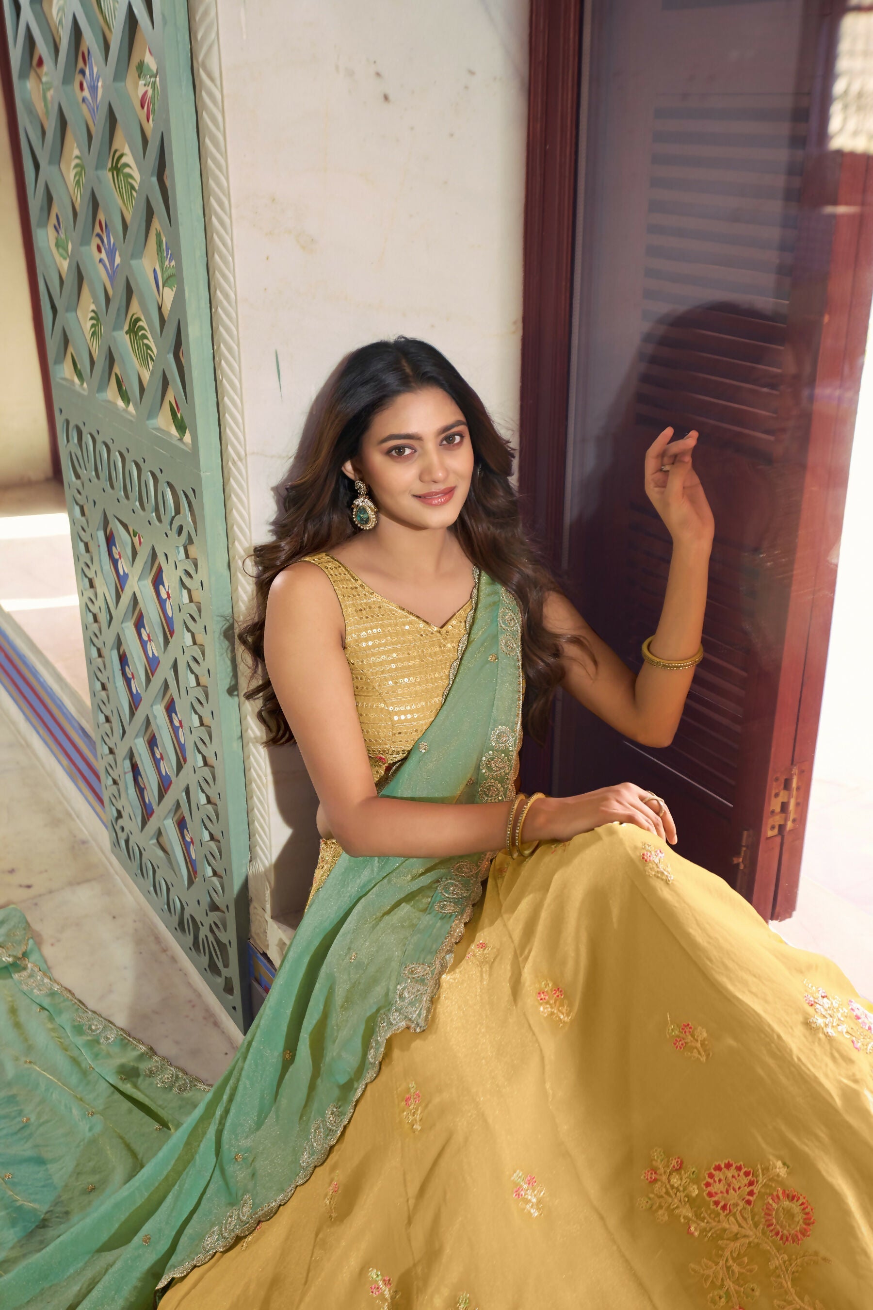 Lorenvalley Fashion Yellow NC Moss Silk Sequins and Thread Embroidery Work Lehenga Choli with Dupatta