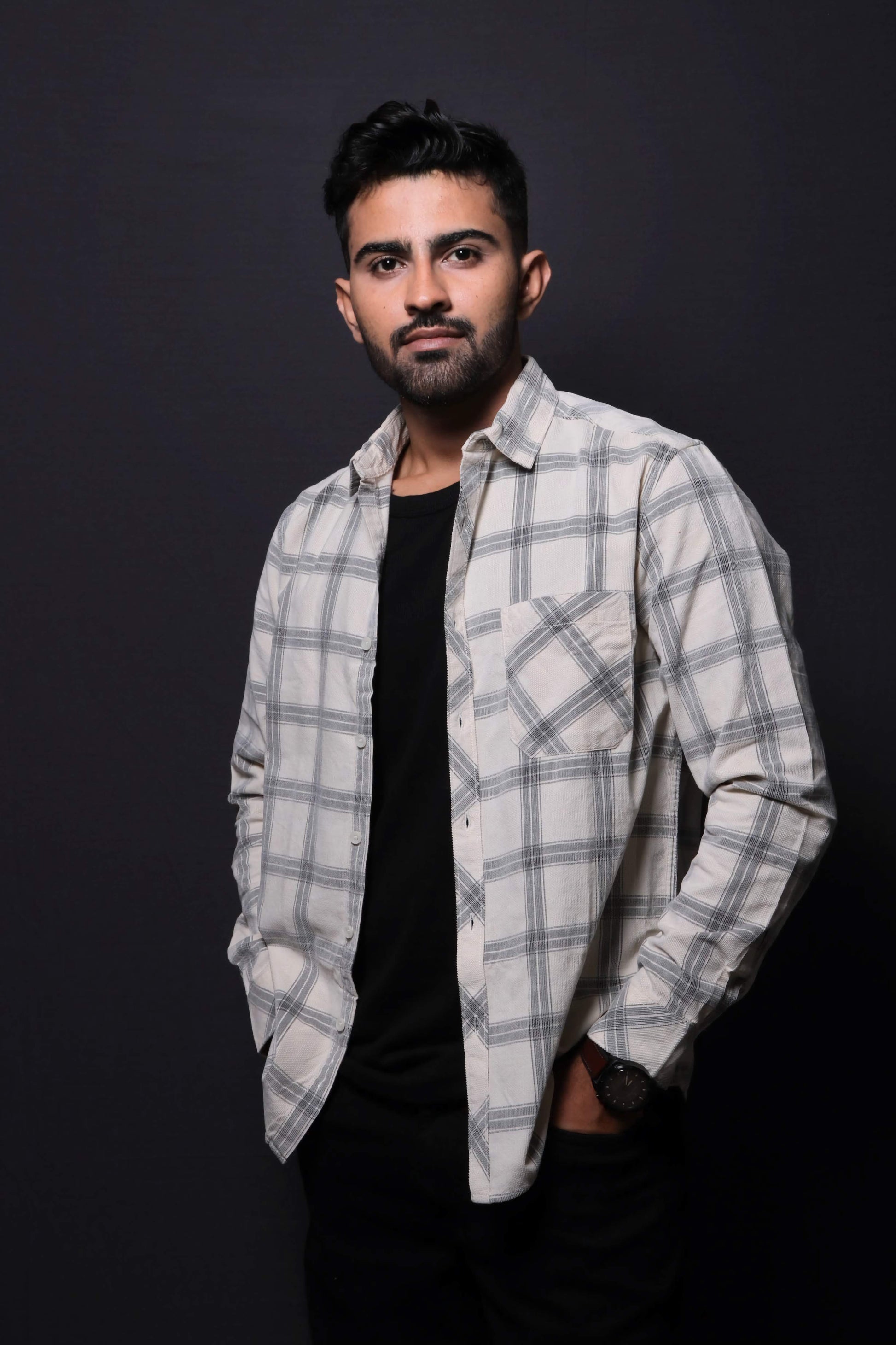 Jonesburg Off White Checks Fine Corduroy Regular Fit Shirt 