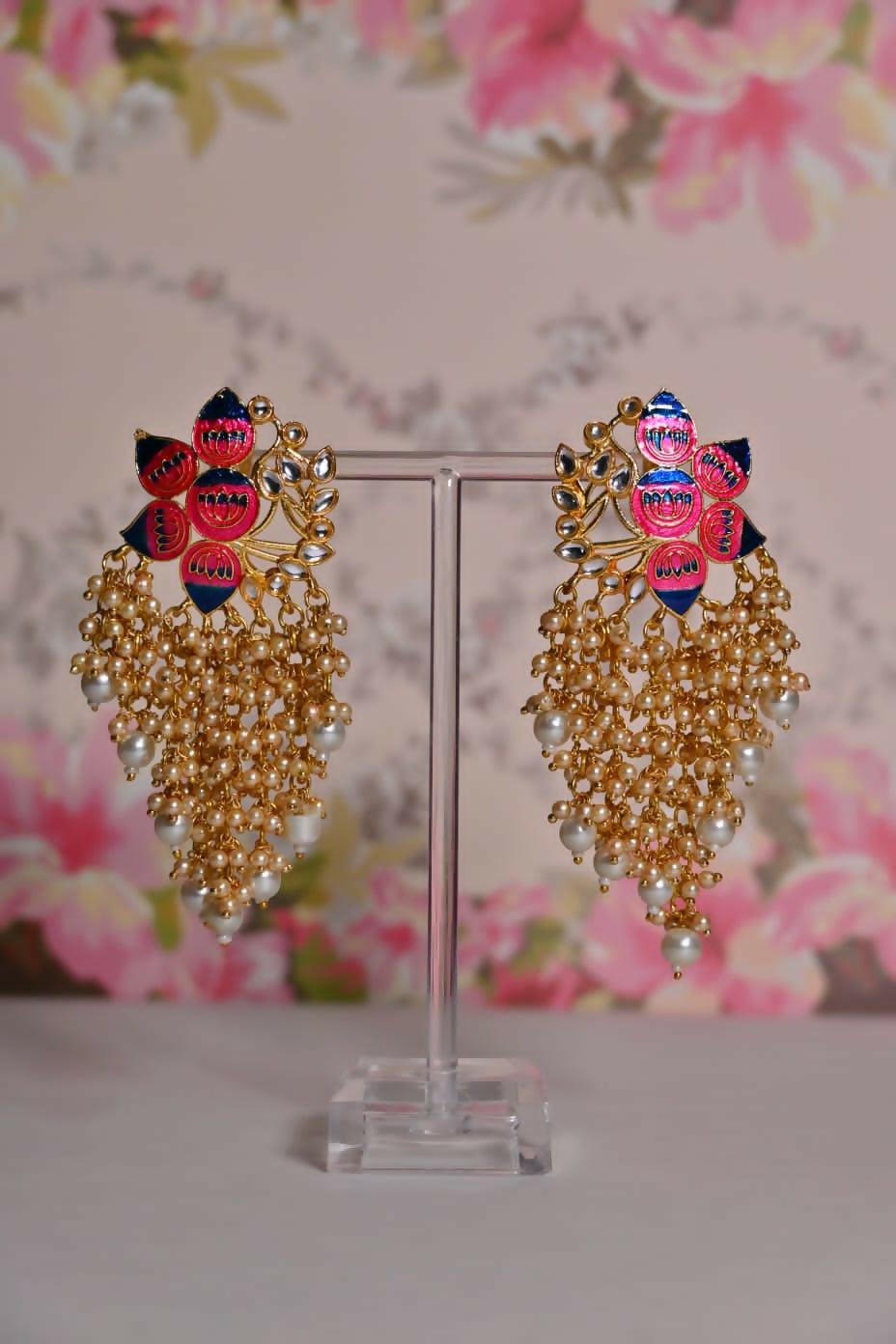 Pink & Blue Ethic Meenakari Lotus Shaded Earrings By House of Ree House of Ree