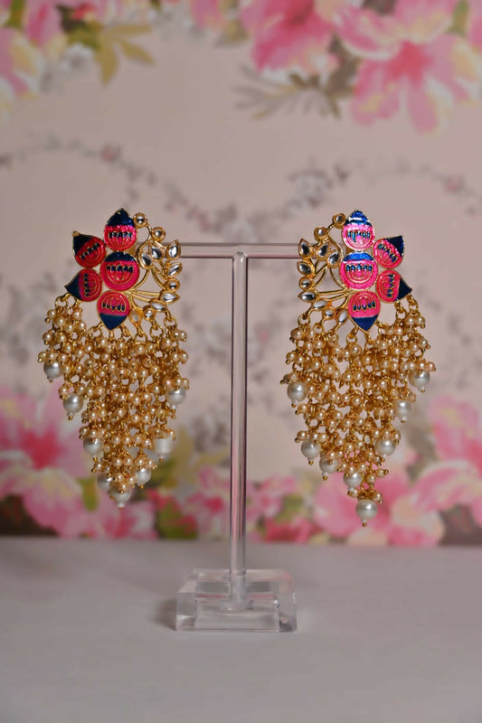 Pink & Blue Ethic Meenakari Lotus Shaded Earrings By House of Ree House of Ree