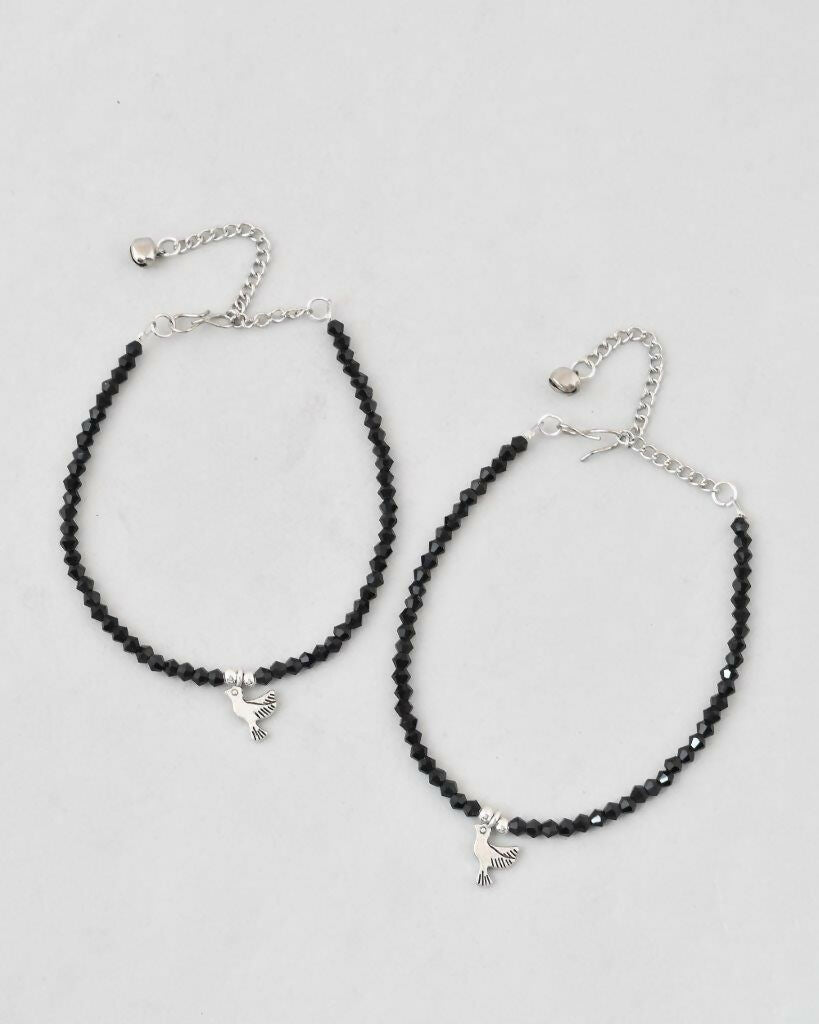 VOJ Set of 2 Bird Black Beads Anklet 