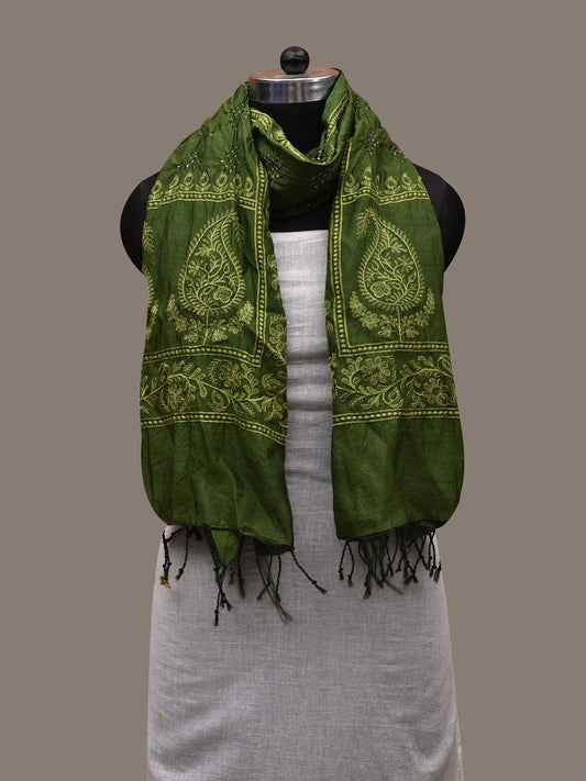 Green Bandhani Silk Handloom Stole with Mango Design - Global Threads - Grab2buy