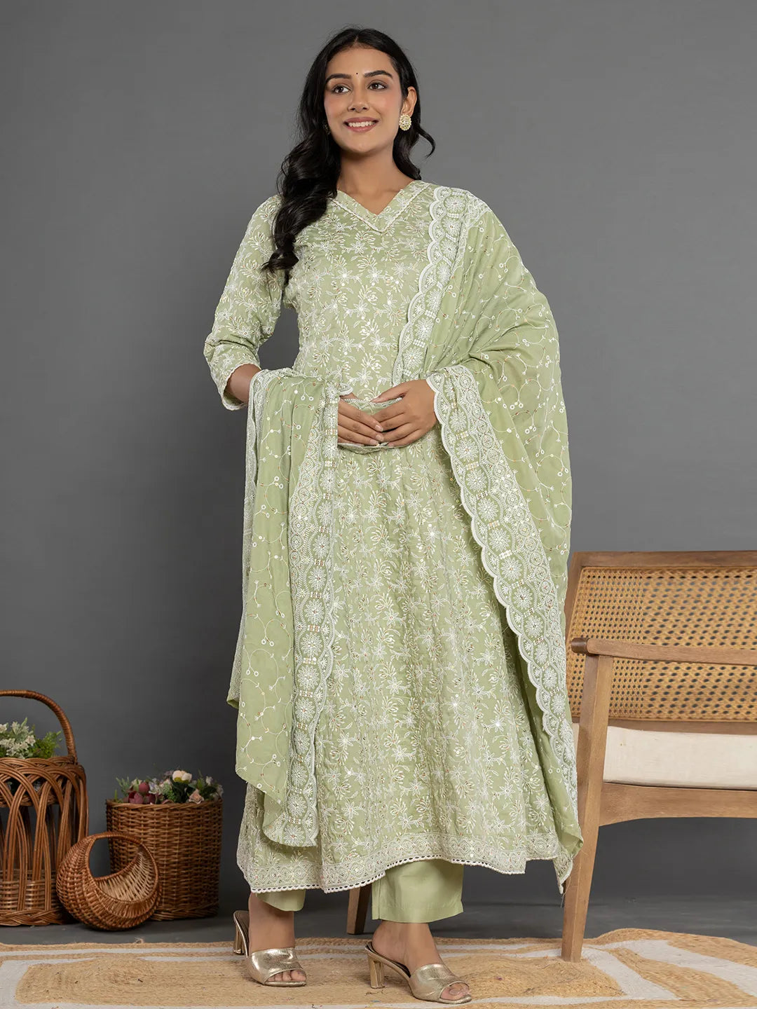Yufta Green Cotton Silk Embroidered Anarkali Kurta Dupatta Set 