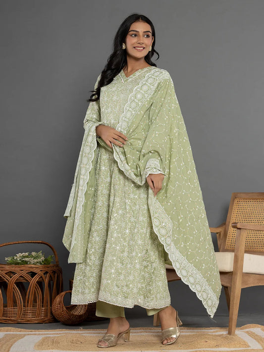 Yufta Green Cotton Silk Embroidered Anarkali Kurta Dupatta Set 