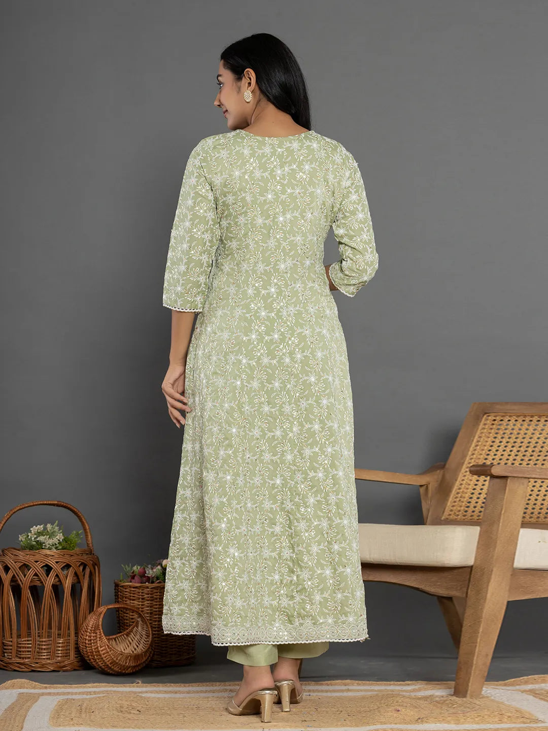 Yufta Green Cotton Silk Embroidered Anarkali Kurta Dupatta Set 