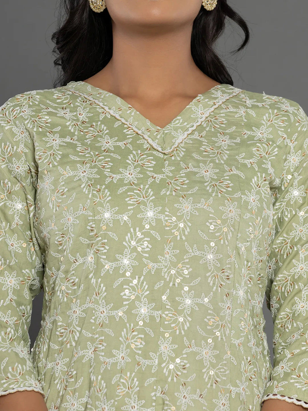 Yufta Green Cotton Silk Embroidered Anarkali Kurta Dupatta Set 