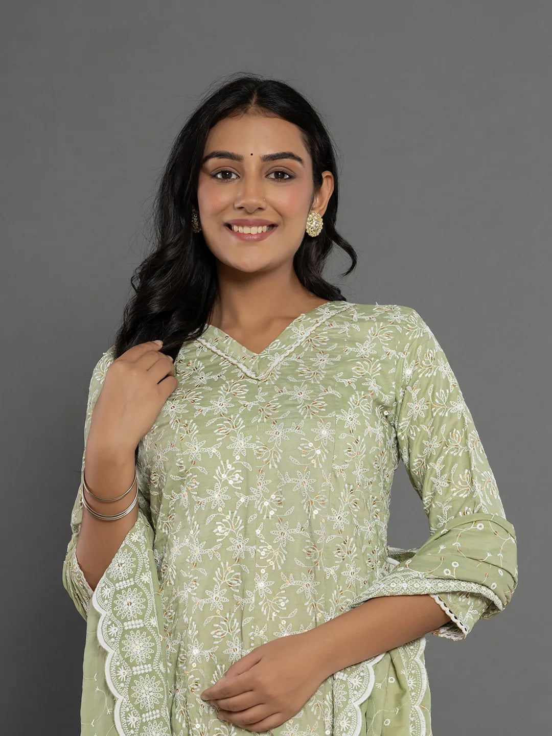 Yufta Green Cotton Silk Embroidered Anarkali Kurta Dupatta Set 