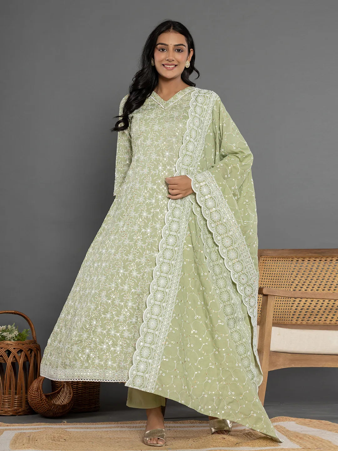 Yufta Green Cotton Silk Embroidered Anarkali Kurta Dupatta Set 