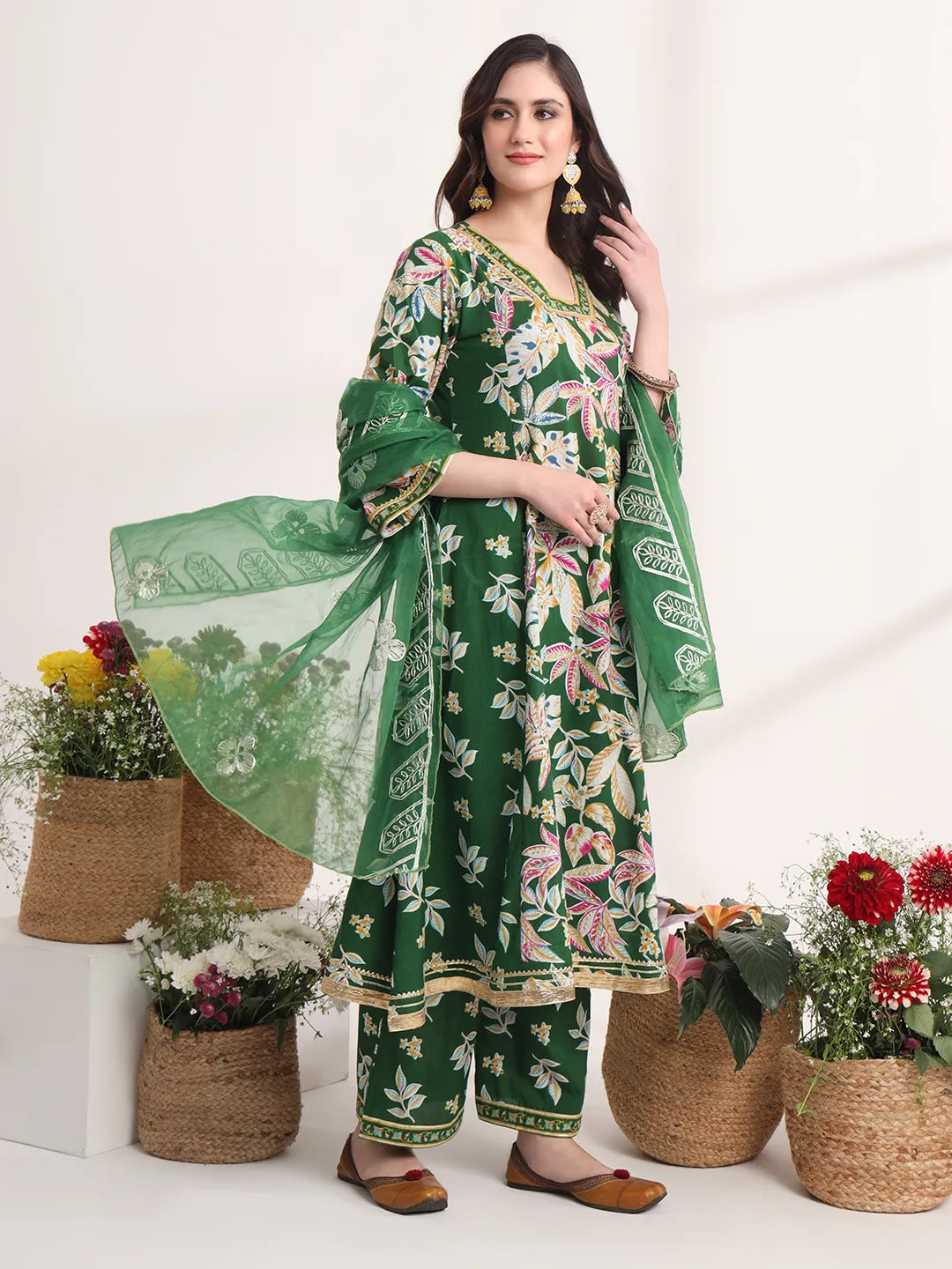 Yufta Green Floral Print A-Line Kurta Trouser And Dupatta Set