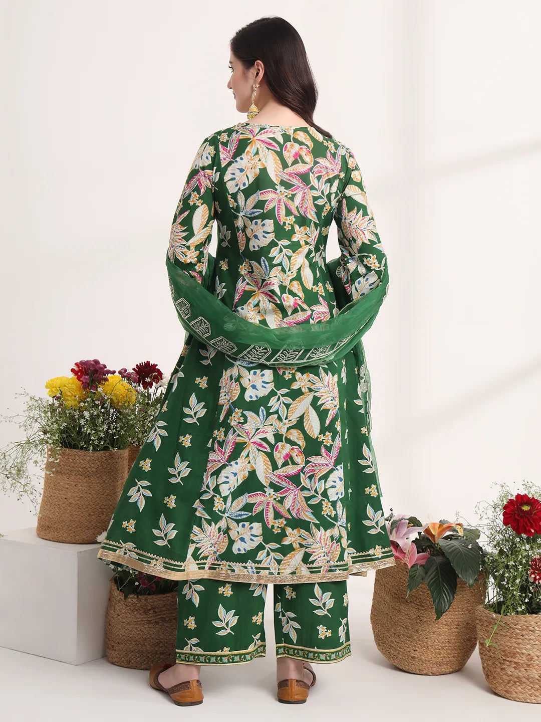Yufta Green Floral Print A-Line Kurta Trouser And Dupatta Set