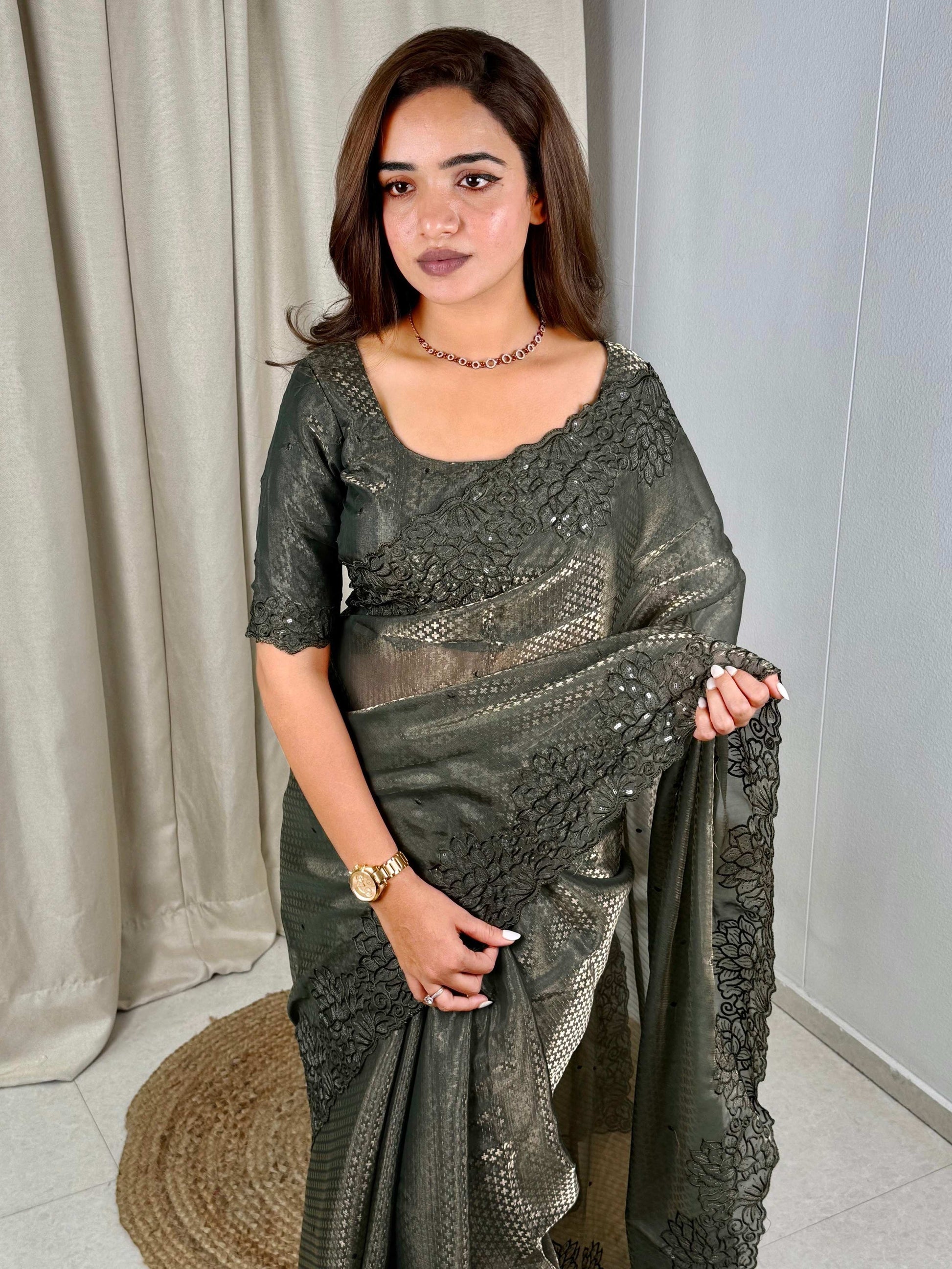 Evanik Green Glass Satin Jecquard Weaving With Thread Sequence Work Saree With Blouse