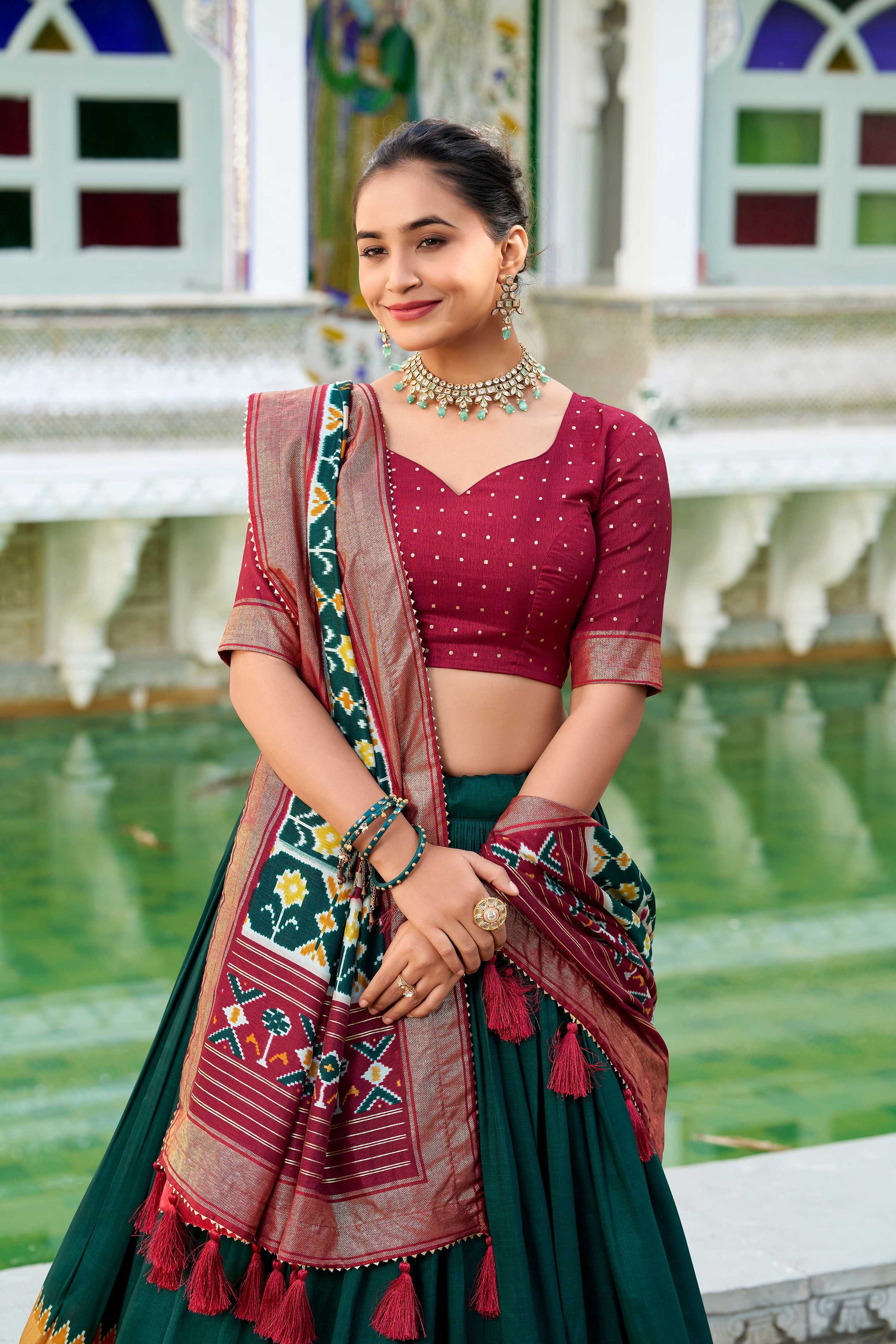 Evanik Green Traditional Style Tussar Silk Patola Print With Foil Work Unstitched Lehenga Choli