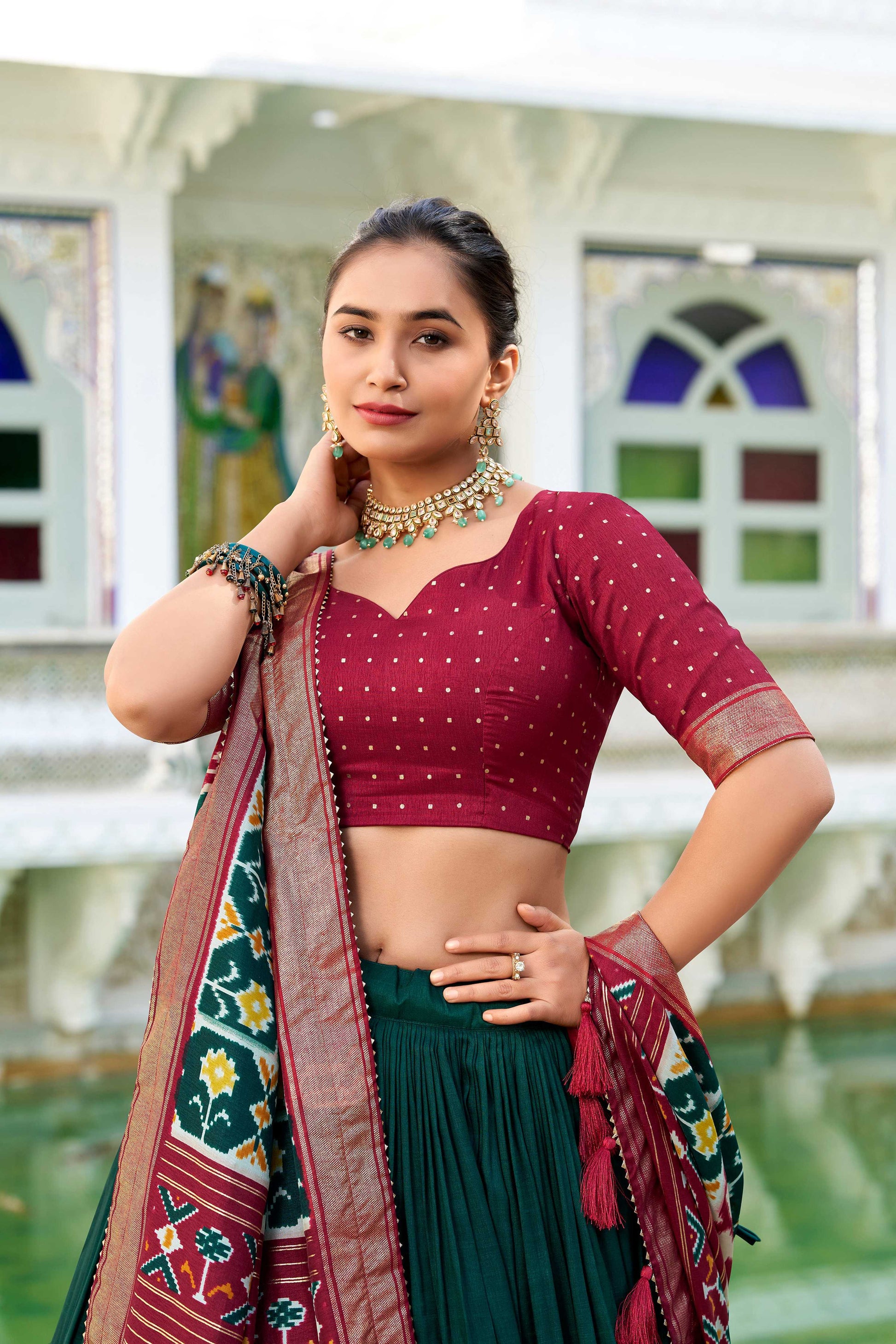 Evanik Green Traditional Style Tussar Silk Patola Print With Foil Work Unstitched Lehenga Choli