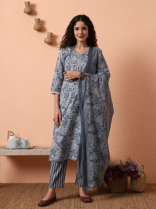 Yufta Grey Ethnic Motifs Pure Cotton Straight Kurta Pant Set