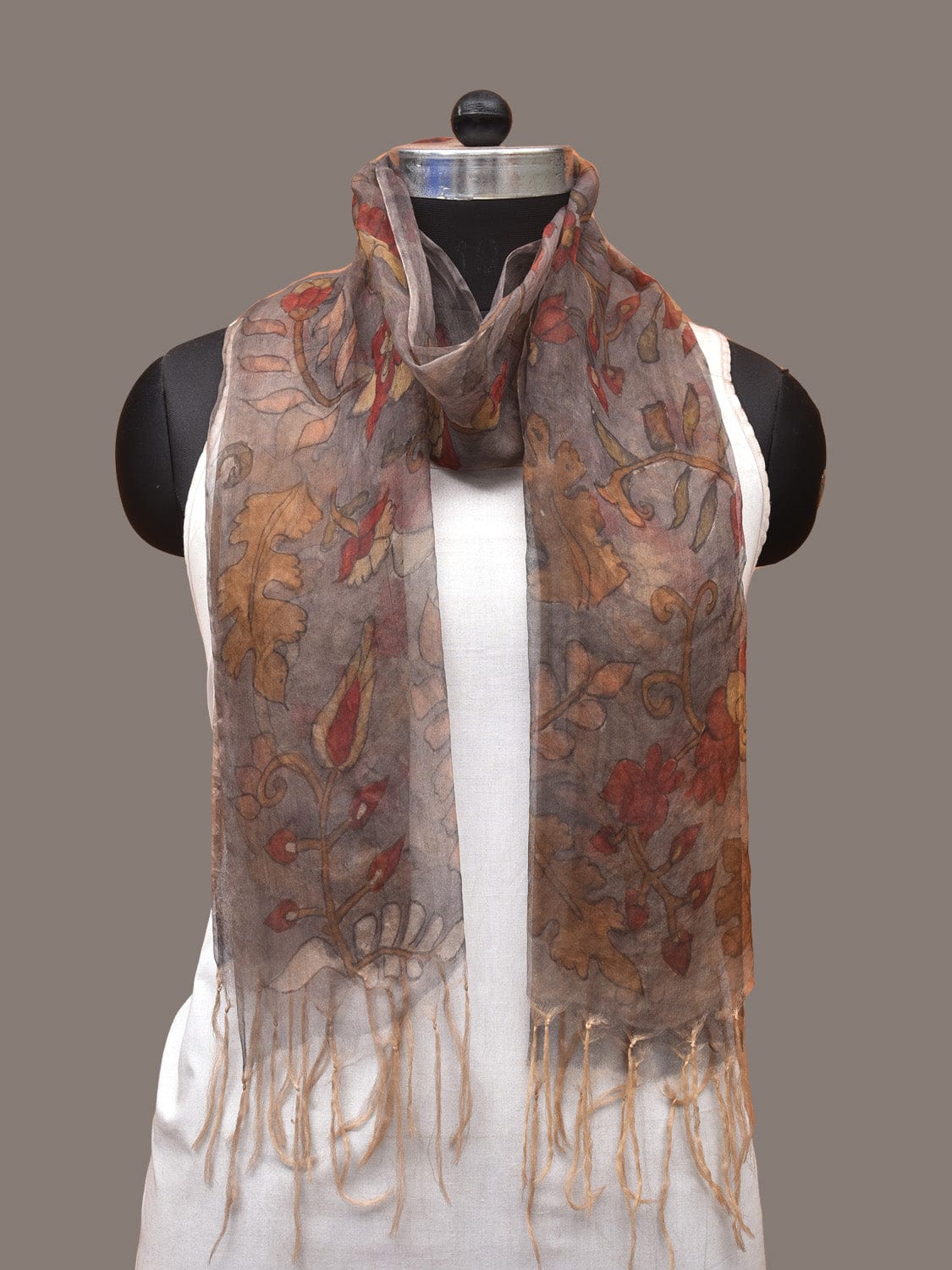 Grey Kalamkari Hand Painted Organza Stole with Floral Design - Global Threads - Grab2buy