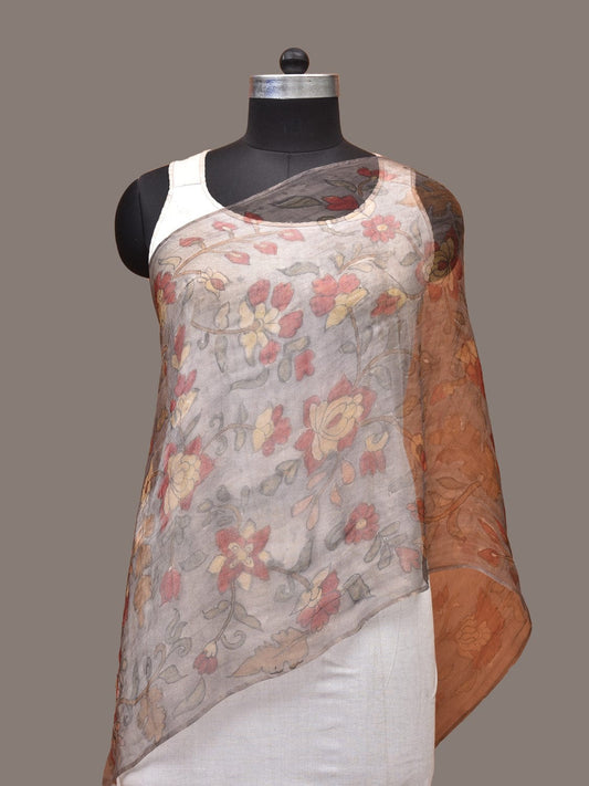 Grey Kalamkari Hand Painted Organza Stole with Floral Design - Global Threads - Grab2buy
