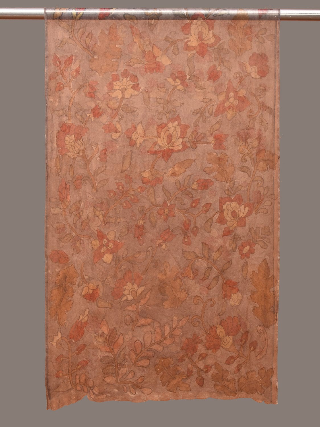 Grey Kalamkari Hand Painted Organza Stole with Floral Design - Global Threads - Grab2buy