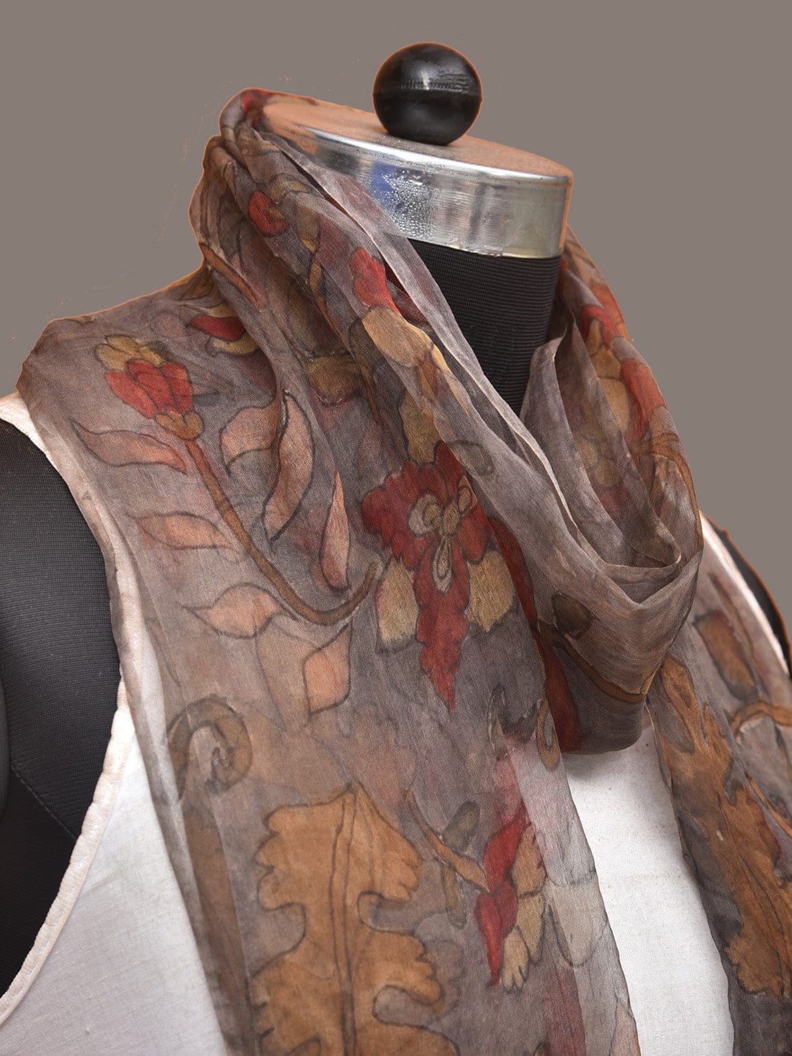 Grey Kalamkari Hand Painted Organza Stole with Floral Design - Global Threads - Grab2buy