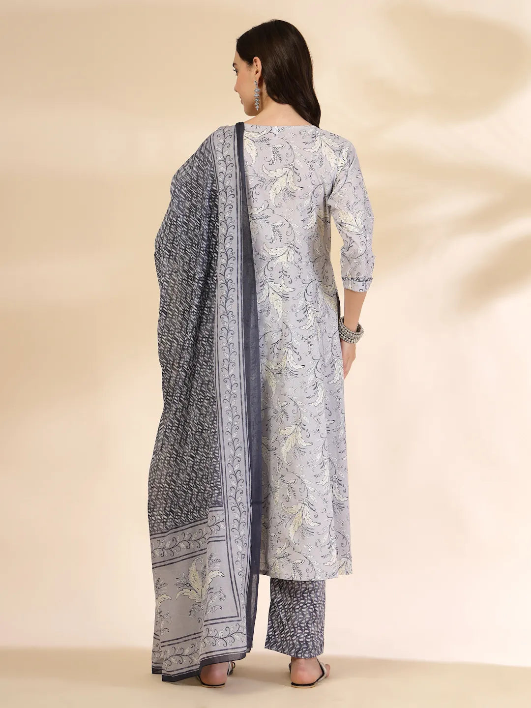 Yufta Grey Pure Cotton Anarkali Dupatta Pant Set