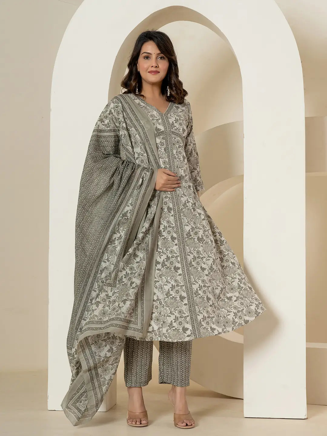 Yufta Grey Sequins_Work Pure Cotton Anarkali Kurta And Dupatta Set | Grab2Buy
